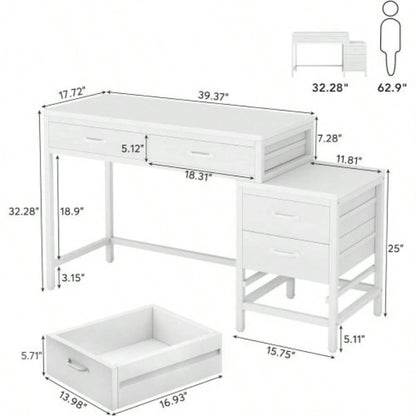 51 Reversible Computer Desk with 5 Drawers and File Cabinet, Rustic Home Office Desk with Printer Stand, Industrial Writing Table with Storage Small Spaces, White