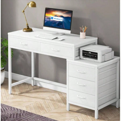 51 Reversible Computer Desk with 5 Drawers and File Cabinet, Rustic Home Office Desk with Printer Stand, Industrial Writing Table with Storage Small Spaces, White