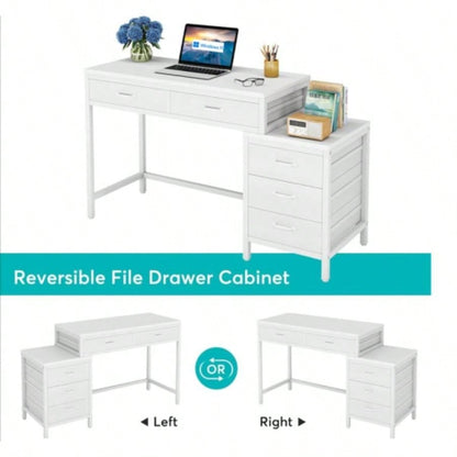 51 Reversible Computer Desk with 5 Drawers and File Cabinet, Rustic Home Office Desk with Printer Stand, Industrial Writing Table with Storage Small Spaces, White