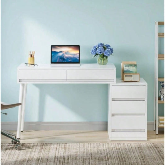 39.37 Modern White Glossy Desk with 5 Drawers Printer Stand, Reversible Home Office Computer Vanity Table Small Spaces