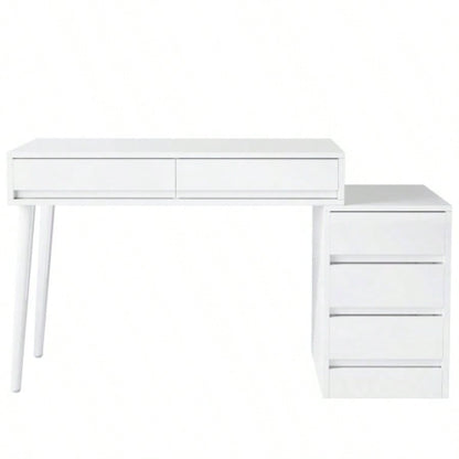 39.37 Modern White Glossy Desk with 5 Drawers Printer Stand, Reversible Home Office Computer Vanity Table Small Spaces