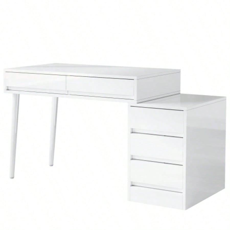 39.37 Modern White Glossy Desk with 5 Drawers Printer Stand, Reversible Home Office Computer Vanity Table Small Spaces