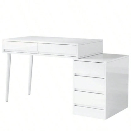39.37 Modern White Glossy Desk with 5 Drawers Printer Stand, Reversible Home Office Computer Vanity Table Small Spaces