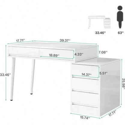 39.37 Modern White Glossy Desk with 5 Drawers Printer Stand, Reversible Home Office Computer Vanity Table Small Spaces