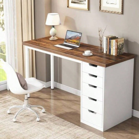 Computer Desk with 5 Drawers, 47 inches Rustic Brown Home Office Desk with Storage, Modern Simple Laptop Desk Study Writing Table Small Spaces Reversible Drawer Cabinet