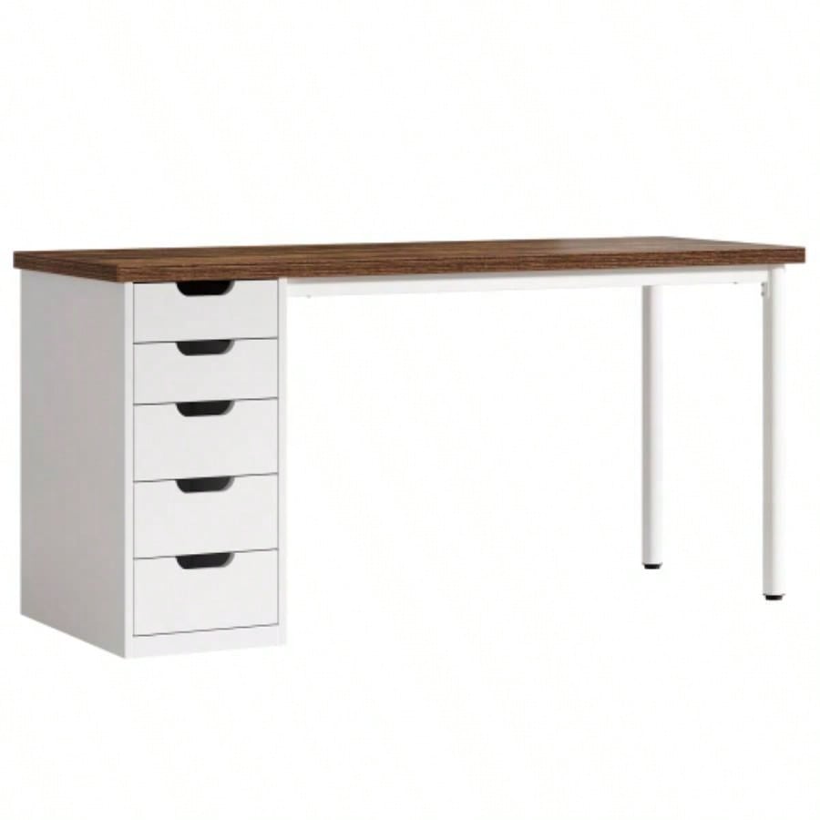 Computer Desk with 5 Drawers, 47 inches Rustic Brown Home Office Desk with Storage, Modern Simple Laptop Desk Study Writing Table Small Spaces Reversible Drawer Cabinet