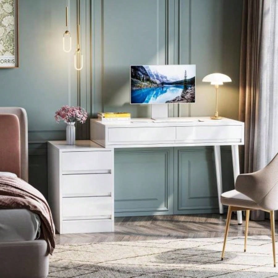 39.37 Modern White Glossy Desk with 5 Drawers Printer Stand, Reversible Home Office Computer Vanity Table Small Spaces