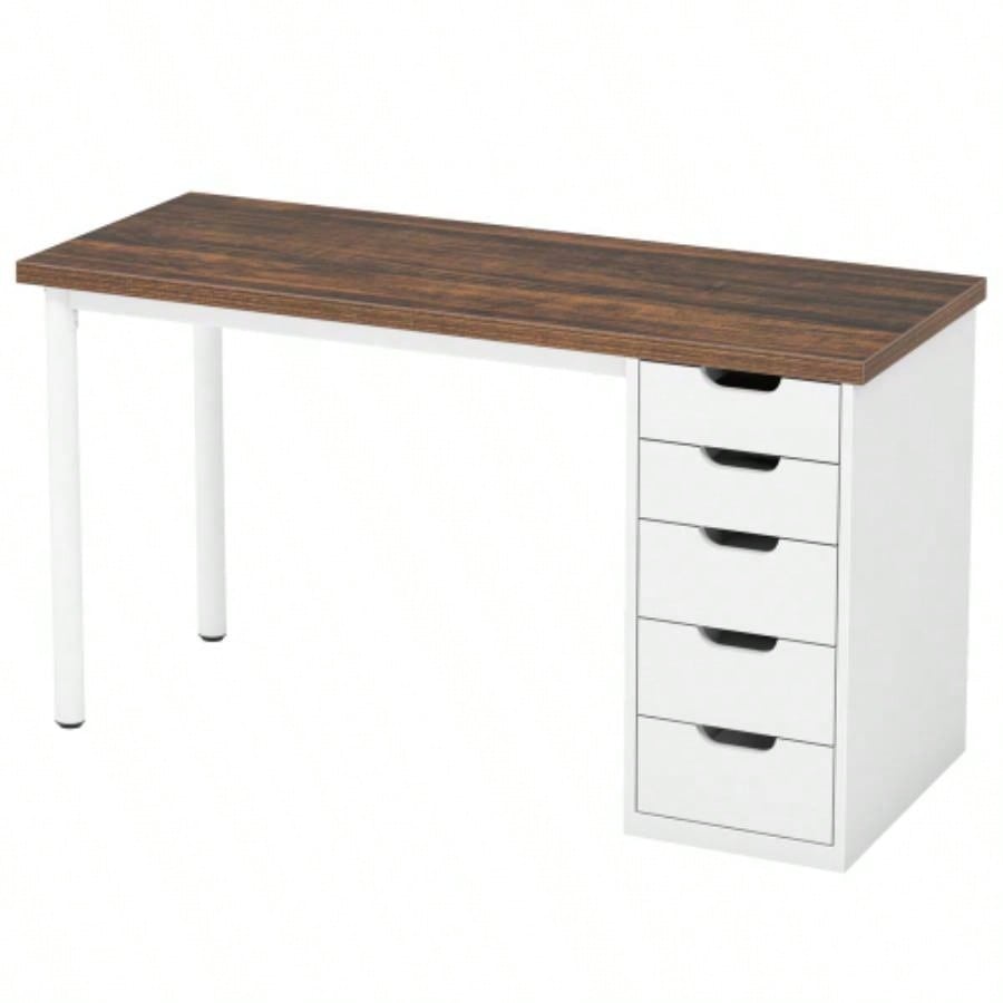 Computer Desk with 5 Drawers, 47 inches Rustic Brown Home Office Desk with Storage, Modern Simple Laptop Desk Study Writing Table Small Spaces Reversible Drawer Cabinet