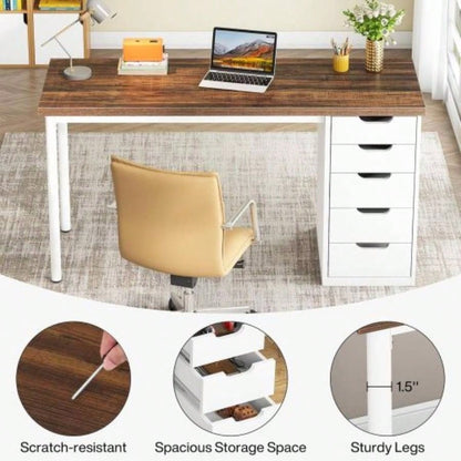 Computer Desk with 5 Drawers, 47 inches Rustic Brown Home Office Desk with Storage, Modern Simple Laptop Desk Study Writing Table Small Spaces Reversible Drawer Cabinet