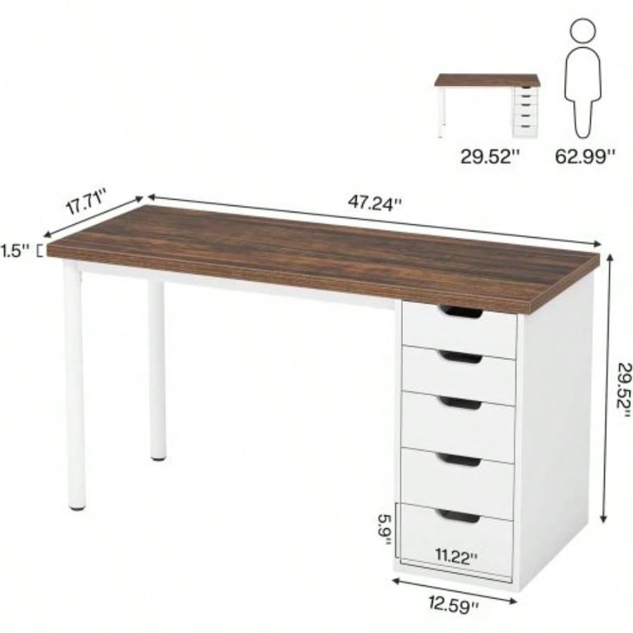 Computer Desk with 5 Drawers, 47 inches Rustic Brown Home Office Desk with Storage, Modern Simple Laptop Desk Study Writing Table Small Spaces Reversible Drawer Cabinet