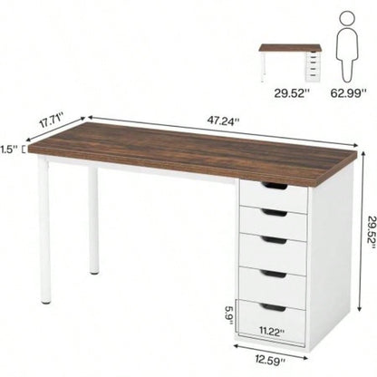 Computer Desk with 5 Drawers, 47 inches Rustic Brown Home Office Desk with Storage, Modern Simple Laptop Desk Study Writing Table Small Spaces Reversible Drawer Cabinet