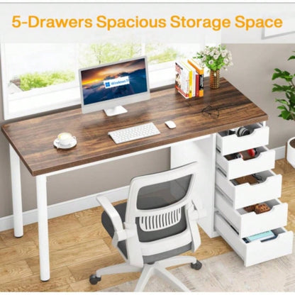 Computer Desk with 5 Drawers, 47 inches Rustic Brown Home Office Desk with Storage, Modern Simple Laptop Desk Study Writing Table Small Spaces Reversible Drawer Cabinet