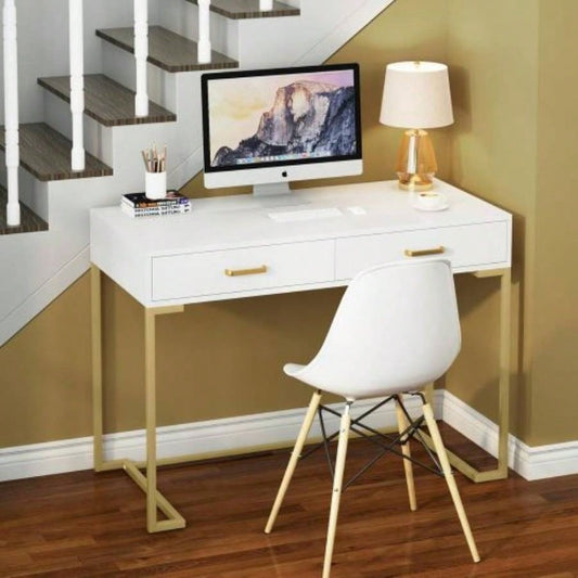 40 White and Gold Computer Desk with 2 Drawers, Modern Home Office Desk, Compact Writing Table, Vanity Desk Bedroom, Study, or Small Spaces, Metal Frame, Minimalist Style