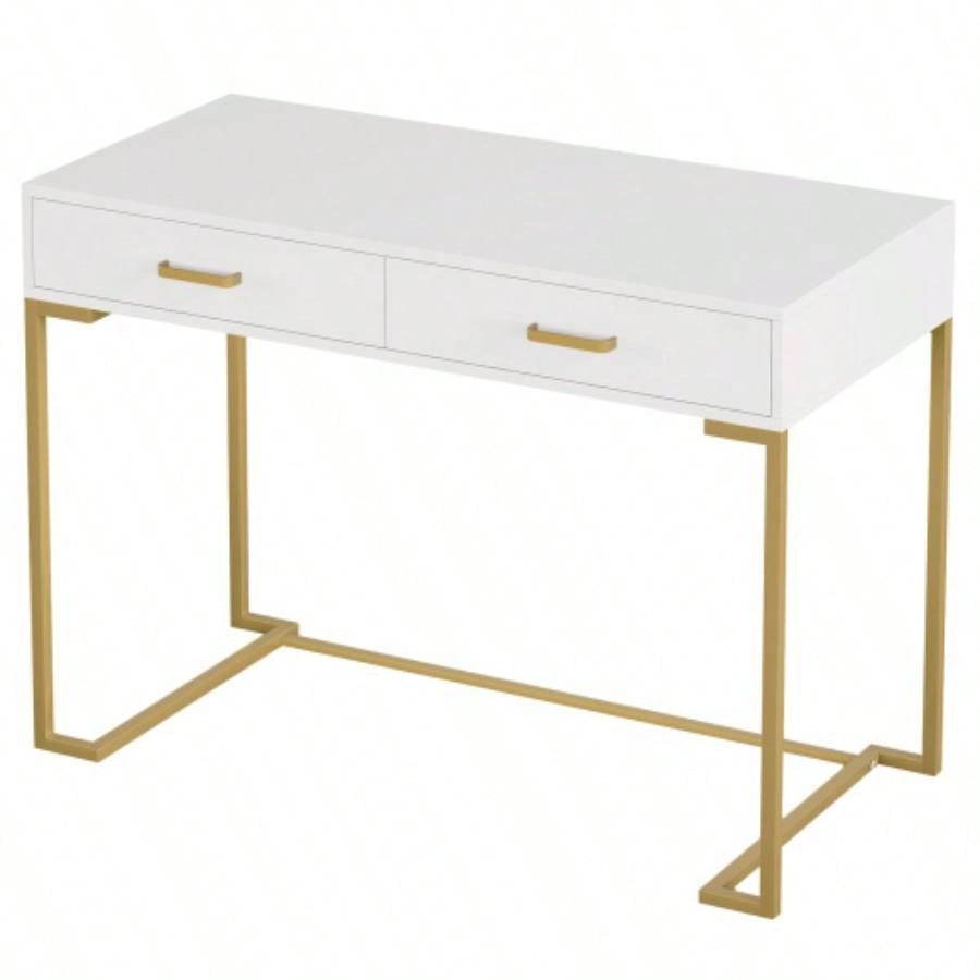 40 White and Gold Computer Desk with 2 Drawers, Modern Home Office Desk, Compact Writing Table, Vanity Desk Bedroom, Study, or Small Spaces, Metal Frame, Minimalist Style