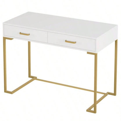 40 White and Gold Computer Desk with 2 Drawers, Modern Home Office Desk, Compact Writing Table, Vanity Desk Bedroom, Study, or Small Spaces, Metal Frame, Minimalist Style