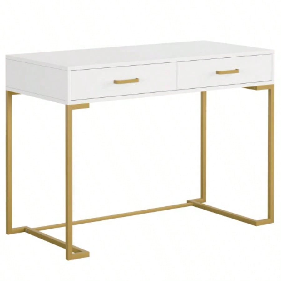 40 White and Gold Computer Desk with 2 Drawers, Modern Home Office Desk, Compact Writing Table, Vanity Desk Bedroom, Study, or Small Spaces, Metal Frame, Minimalist Style