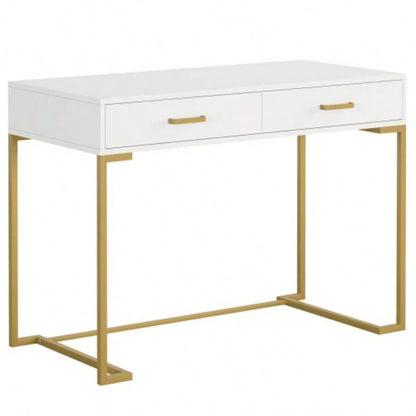 40 White and Gold Computer Desk with 2 Drawers, Modern Home Office Desk, Compact Writing Table, Vanity Desk Bedroom, Study, or Small Spaces, Metal Frame, Minimalist Style