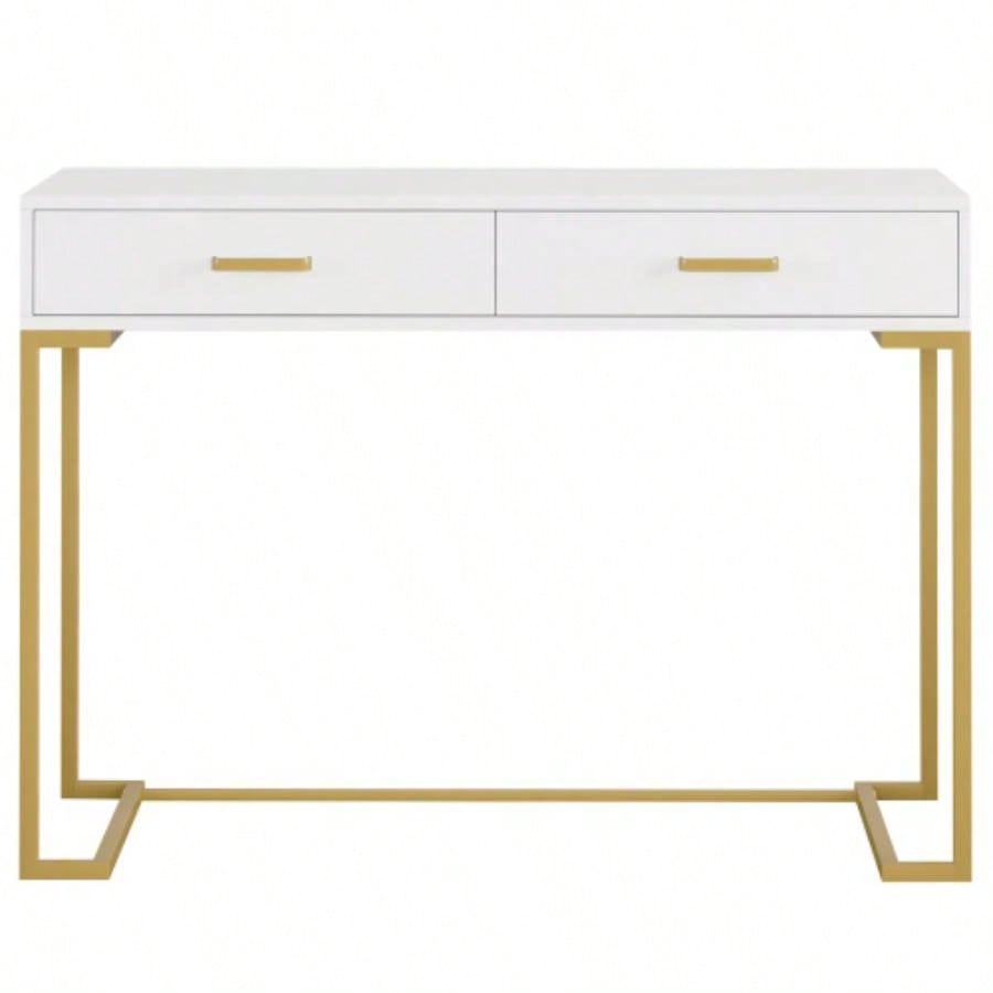 40 White and Gold Computer Desk with 2 Drawers, Modern Home Office Desk, Compact Writing Table, Vanity Desk Bedroom, Study, or Small Spaces, Metal Frame, Minimalist Style