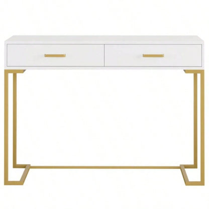 40 White and Gold Computer Desk with 2 Drawers, Modern Home Office Desk, Compact Writing Table, Vanity Desk Bedroom, Study, or Small Spaces, Metal Frame, Minimalist Style