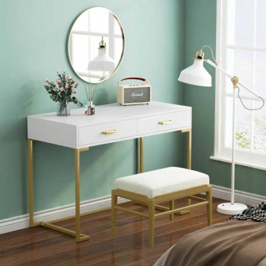 40 White and Gold Computer Desk with 2 Drawers, Modern Home Office Desk, Compact Writing Table, Vanity Desk Bedroom, Study, or Small Spaces, Metal Frame, Minimalist Style