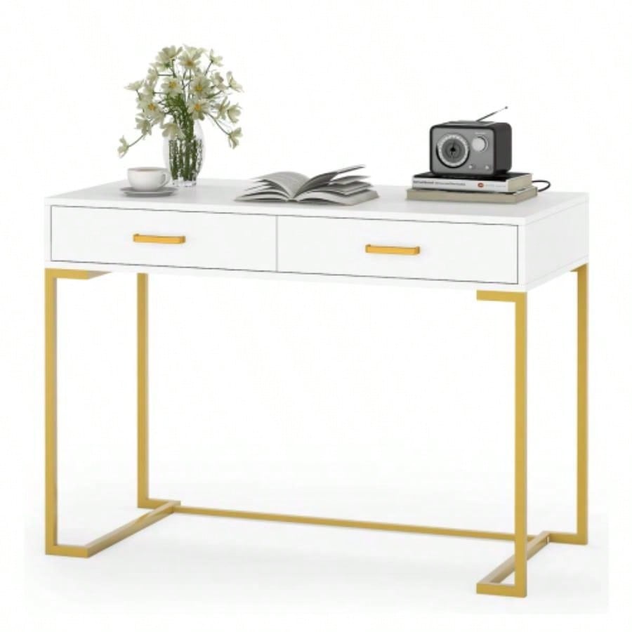 40 White and Gold Computer Desk with 2 Drawers, Modern Home Office Desk, Compact Writing Table, Vanity Desk Bedroom, Study, or Small Spaces, Metal Frame, Minimalist Style