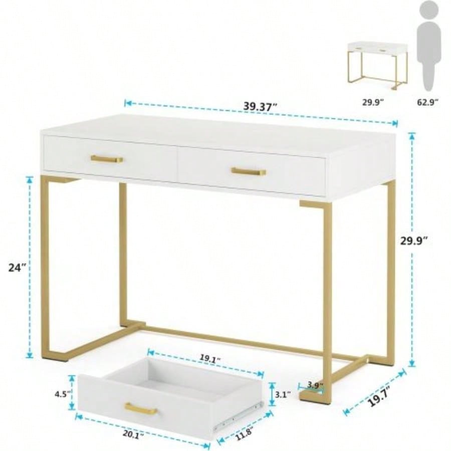 40 White and Gold Computer Desk with 2 Drawers, Modern Home Office Desk, Compact Writing Table, Vanity Desk Bedroom, Study, or Small Spaces, Metal Frame, Minimalist Style