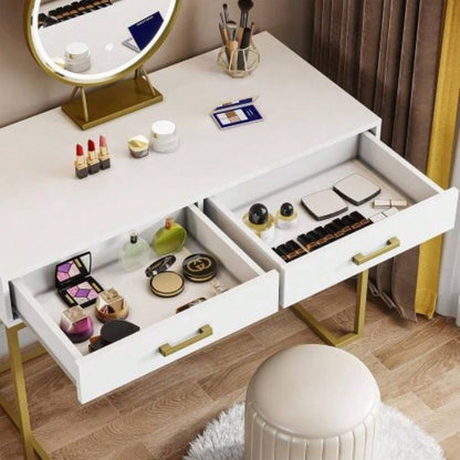 40 White and Gold Computer Desk with 2 Drawers, Modern Home Office Desk, Compact Writing Table, Vanity Desk Bedroom, Study, or Small Spaces, Metal Frame, Minimalist Style