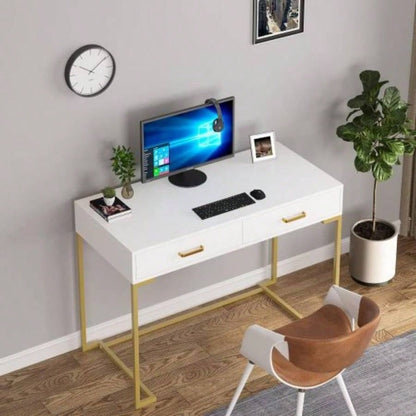 40 White and Gold Computer Desk with 2 Drawers, Modern Home Office Desk, Compact Writing Table, Vanity Desk Bedroom, Study, or Small Spaces, Metal Frame, Minimalist Style