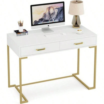 40 White and Gold Computer Desk with 2 Drawers, Modern Home Office Desk, Compact Writing Table, Vanity Desk Bedroom, Study, or Small Spaces, Metal Frame, Minimalist Style