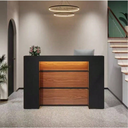 63 Modern Reception Desk with LED Lights, Front Counter with Storage Office Lobby, Beauty Salon, Retail Store, Clinic, or Checkout Area - Black Rustic Brown