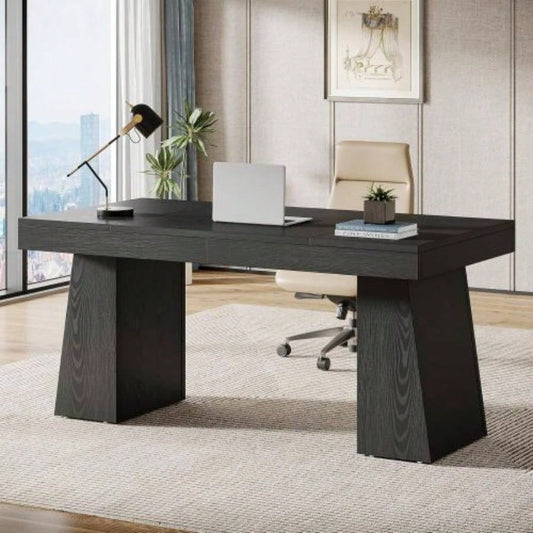 55 Mid - Modern Executive Desk - Home Office Computer Workstation with Double Trapezoid Base, Stylish Writing Table Conference Desk, Black Wooden Business Furniture