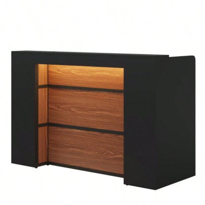 63 Modern Reception Desk with LED Lights, Front Counter with Storage Office Lobby, Beauty Salon, Retail Store, Clinic, or Checkout Area - Black Rustic Brown