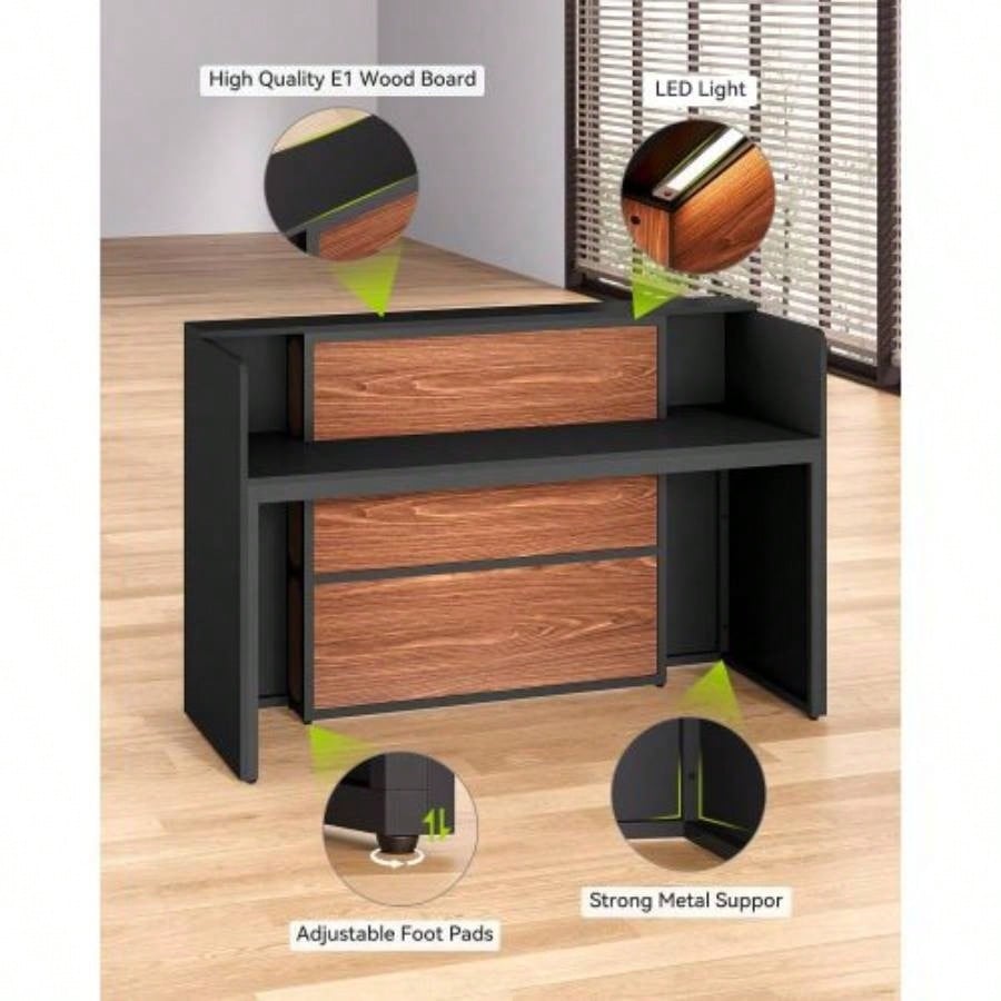 63 Modern Reception Desk with LED Lights, Front Counter with Storage Office Lobby, Beauty Salon, Retail Store, Clinic, or Checkout Area - Black Rustic Brown
