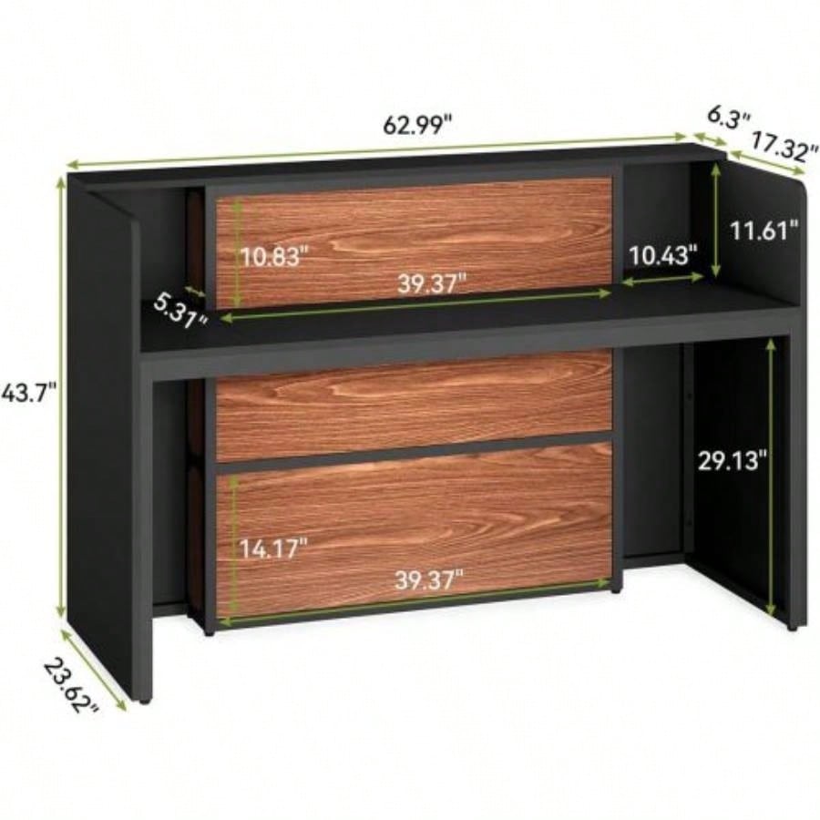63 Modern Reception Desk with LED Lights, Front Counter with Storage Office Lobby, Beauty Salon, Retail Store, Clinic, or Checkout Area - Black Rustic Brown