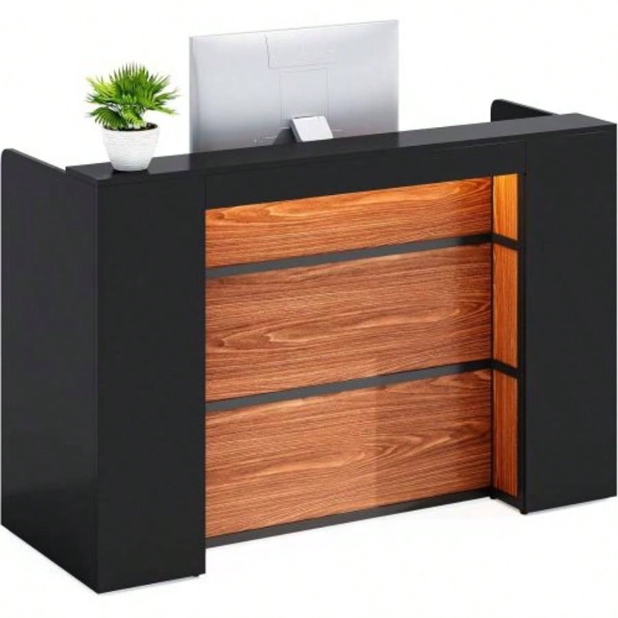 63 Modern Reception Desk with LED Lights, Front Counter with Storage Office Lobby, Beauty Salon, Retail Store, Clinic, or Checkout Area - Black Rustic Brown