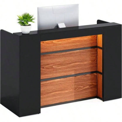 63 Modern Reception Desk with LED Lights, Front Counter with Storage Office Lobby, Beauty Salon, Retail Store, Clinic, or Checkout Area - Black Rustic Brown