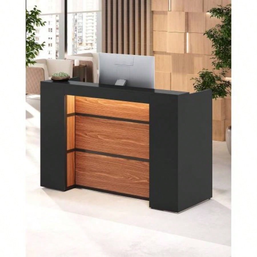 63 Modern Reception Desk with LED Lights, Front Counter with Storage Office Lobby, Beauty Salon, Retail Store, Clinic, or Checkout Area - Black Rustic Brown