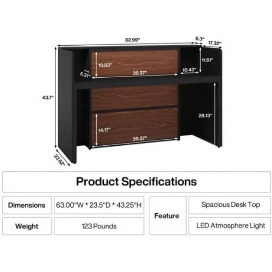 63 Modern Reception Desk with LED Lights, Front Counter with Storage Office Lobby, Beauty Salon, Retail Store, Clinic, or Checkout Area - Black Rustic Brown