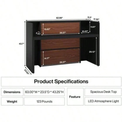 63 Modern Reception Desk with LED Lights, Front Counter with Storage Office Lobby, Beauty Salon, Retail Store, Clinic, or Checkout Area - Black Rustic Brown