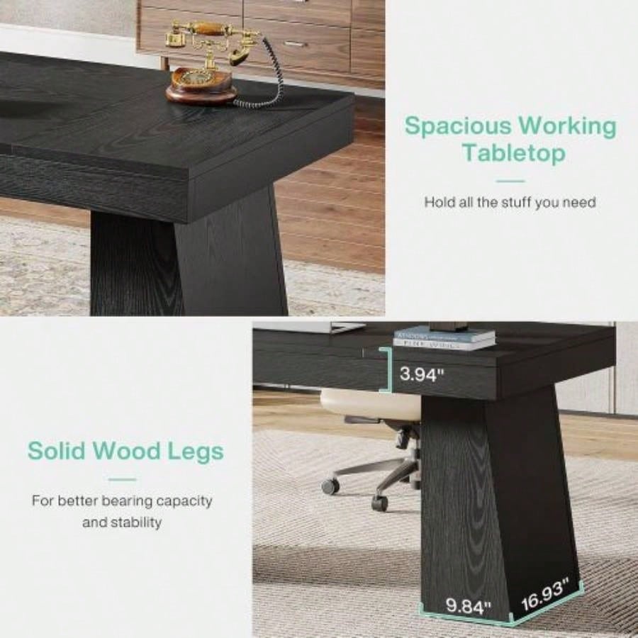 55 Mid - Modern Executive Desk - Home Office Computer Workstation with Double Trapezoid Base, Stylish Writing Table Conference Desk, Black Wooden Business Furniture