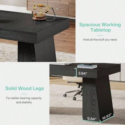 55 Mid - Modern Executive Desk - Home Office Computer Workstation with Double Trapezoid Base, Stylish Writing Table Conference Desk, Black Wooden Business Furniture
