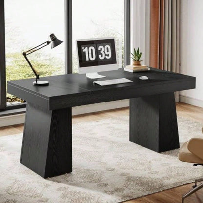 55 Mid - Modern Executive Desk - Home Office Computer Workstation with Double Trapezoid Base, Stylish Writing Table Conference Desk, Black Wooden Business Furniture