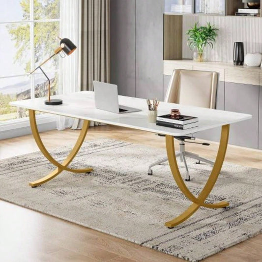 63 Executive Office Desk - Modern White Gold Computer Desk with Faux Marble Tabletop, Large Conference Table Home Office or Meeting Room