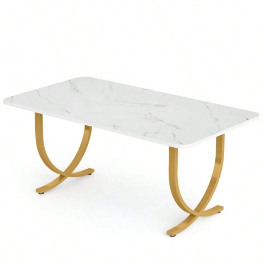 63 Executive Office Desk - Modern White Gold Computer Desk with Faux Marble Tabletop, Large Conference Table Home Office or Meeting Room