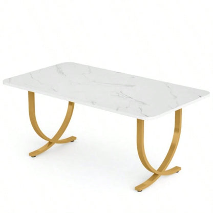 63 Executive Office Desk - Modern White Gold Computer Desk with Faux Marble Tabletop, Large Conference Table Home Office or Meeting Room