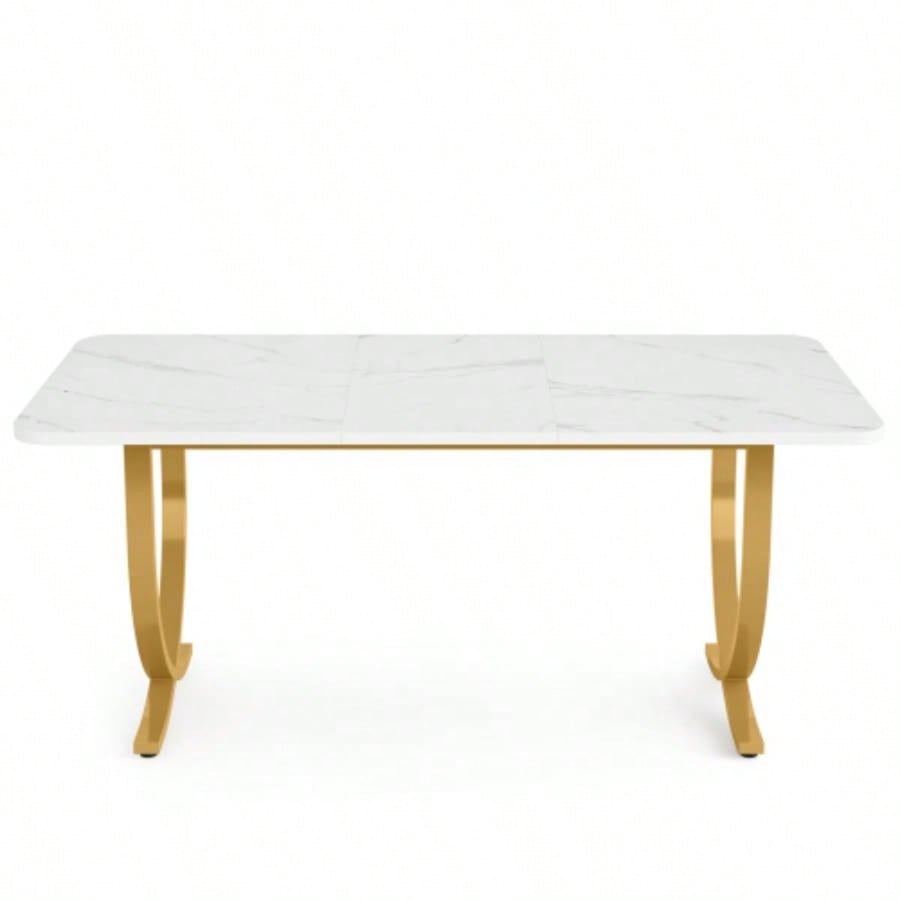 63 Executive Office Desk - Modern White Gold Computer Desk with Faux Marble Tabletop, Large Conference Table Home Office or Meeting Room