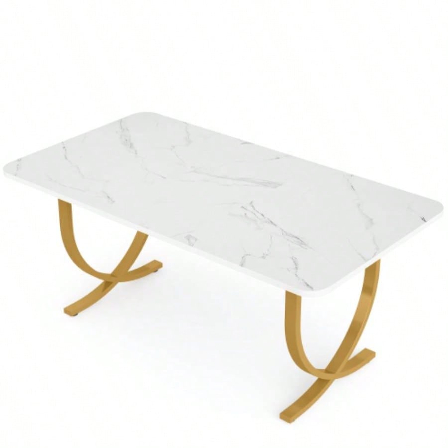 63 Executive Office Desk - Modern White Gold Computer Desk with Faux Marble Tabletop, Large Conference Table Home Office or Meeting Room