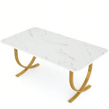 63 Executive Office Desk - Modern White Gold Computer Desk with Faux Marble Tabletop, Large Conference Table Home Office or Meeting Room