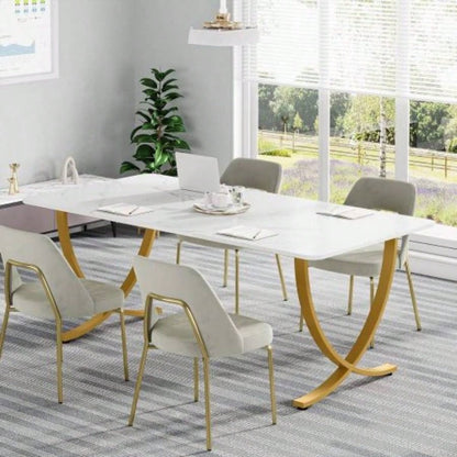63 Executive Office Desk - Modern White Gold Computer Desk with Faux Marble Tabletop, Large Conference Table Home Office or Meeting Room