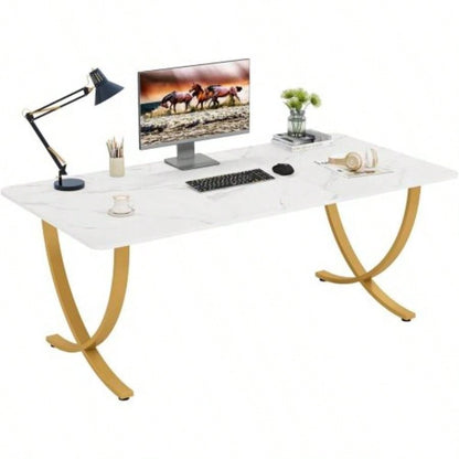 63 Executive Office Desk - Modern White Gold Computer Desk with Faux Marble Tabletop, Large Conference Table Home Office or Meeting Room